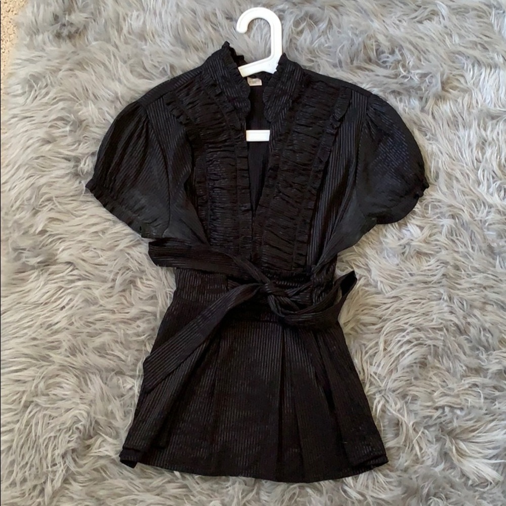 Black ruffled v neck blouse
